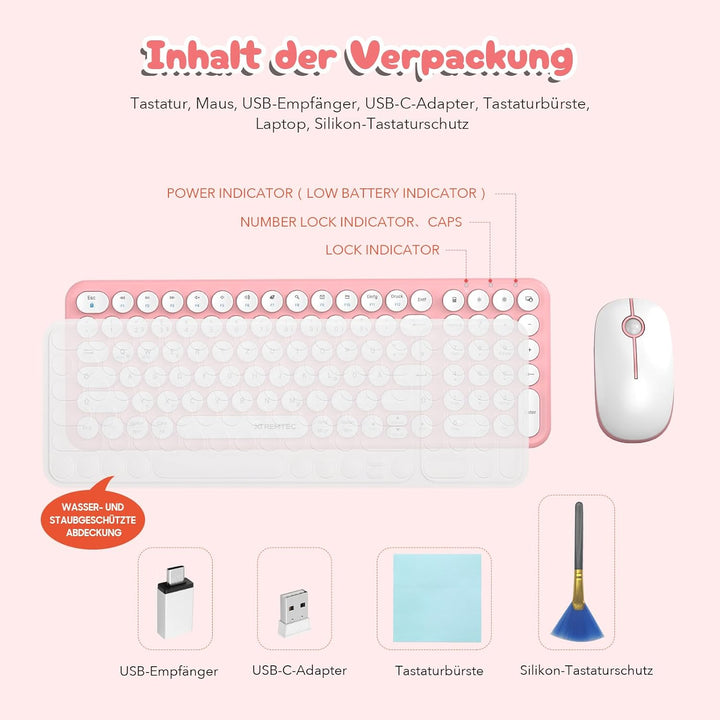 XTREMTEC kabellose Tastatur und Maus,Retro runde Schreibmaschine Tastatur,Slim Funktastatur leise Se