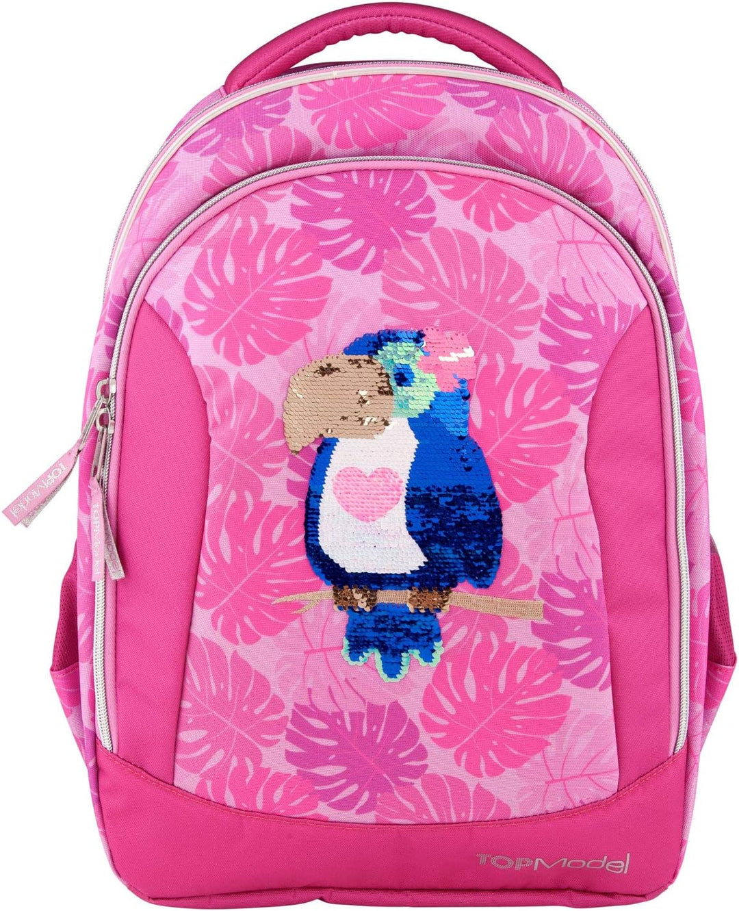 Depesche 10448 Schulrucksack TOPModel mit Tucan aus Streichpailletten, pink, ca. 23 x 34 x 44 cm, bu