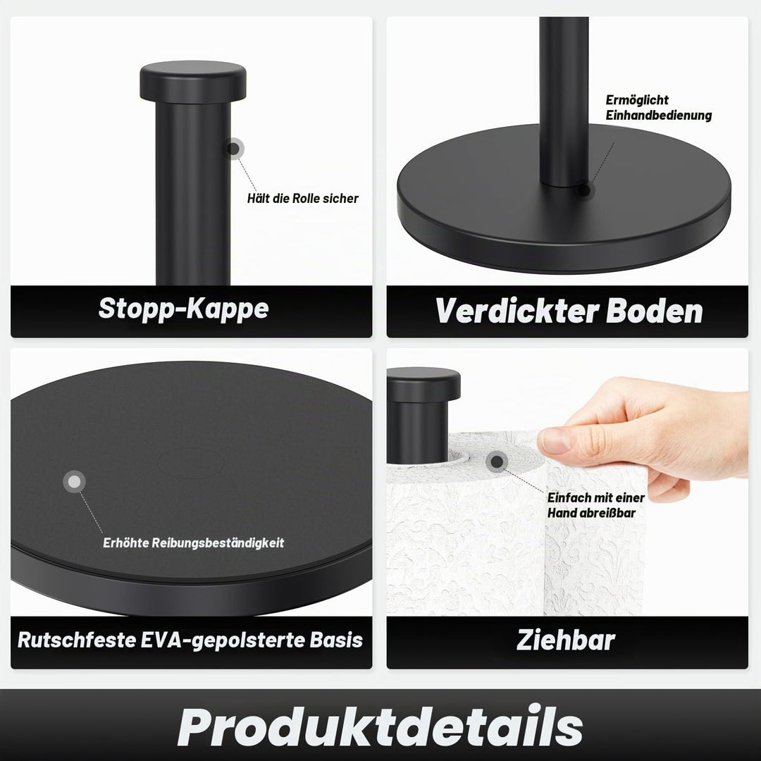 VEHHE Küchenrollenhalter Schwarz Stehend mit Eva-Schaum Basis, Gewichteter Küchenpapierhalter ohne S