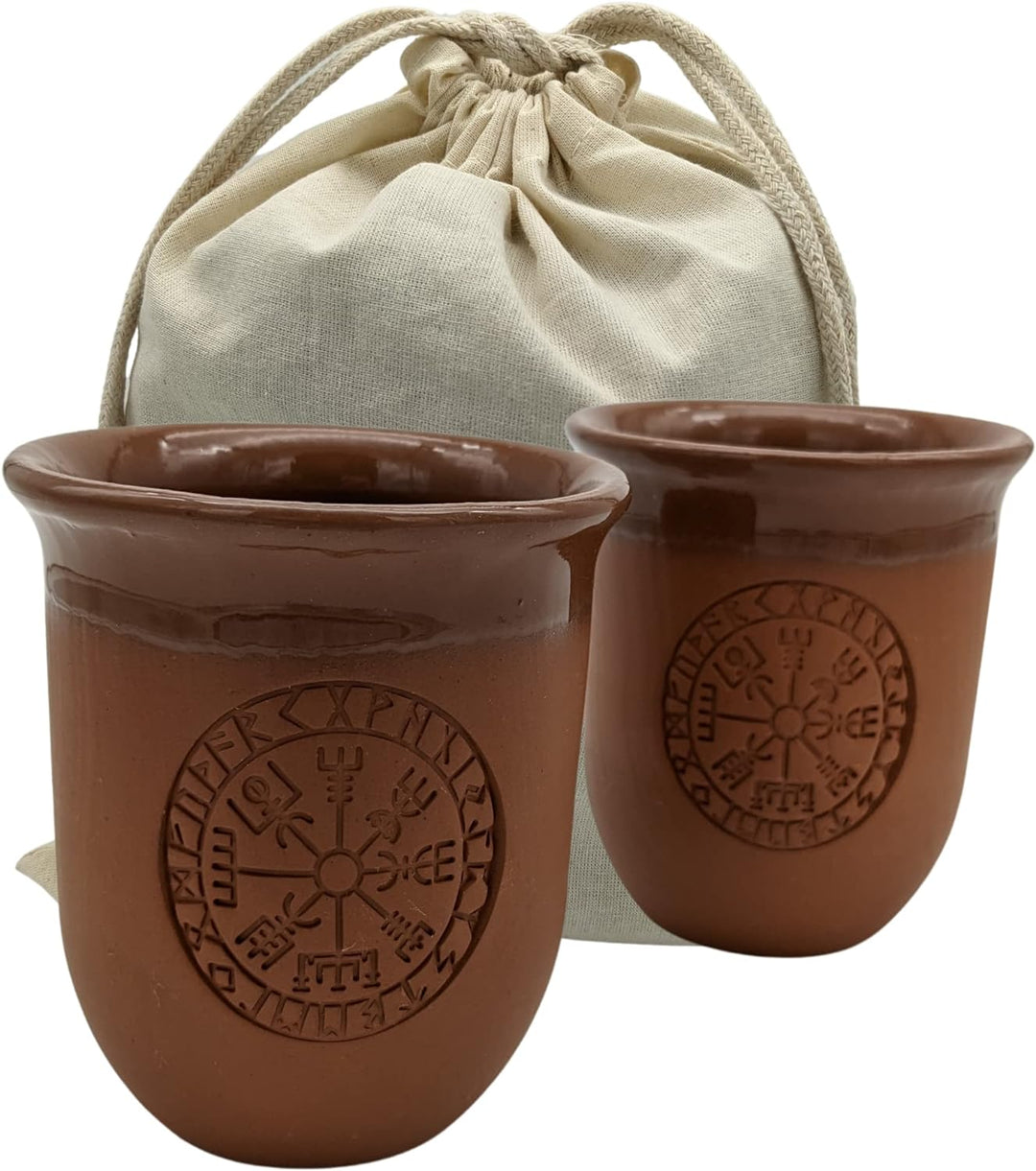 Tonbecher Set Vegvisir - Keramik Becher mit Gravur, Mittelalter Kaffeebecher, 200 milliliters