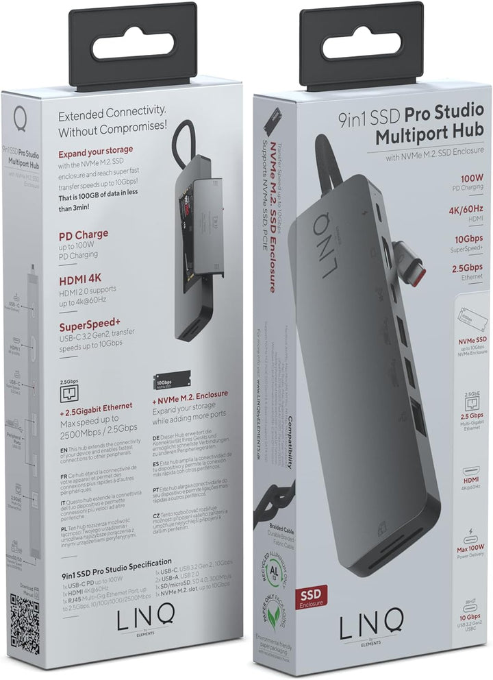 LINQ Connects 9in1 Pro Studio USB-C 10Gbit / s Multiport Hub mit Stromversorgung, 4K HDMI, NVME M2 S