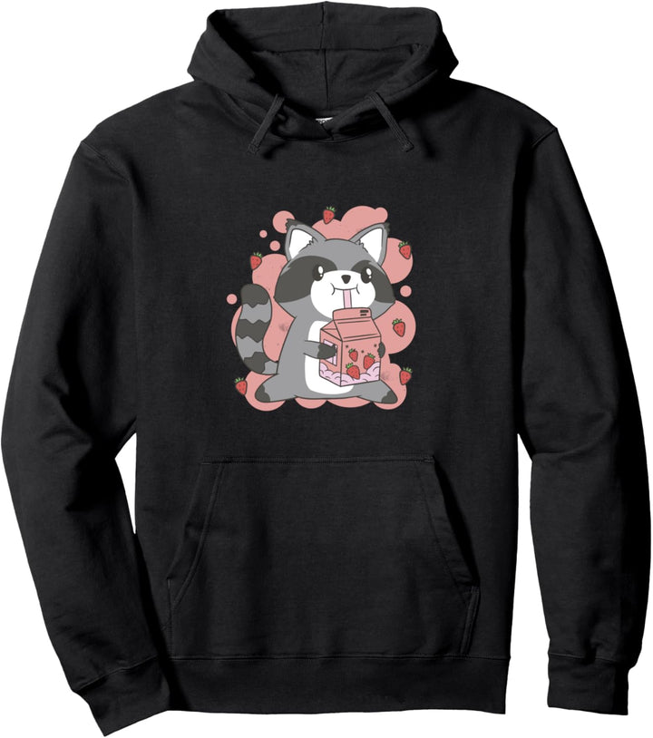 Kawaii Racoon trinkt Erdbeermilch, niedliche japanische Grafik Pullover Hoodie