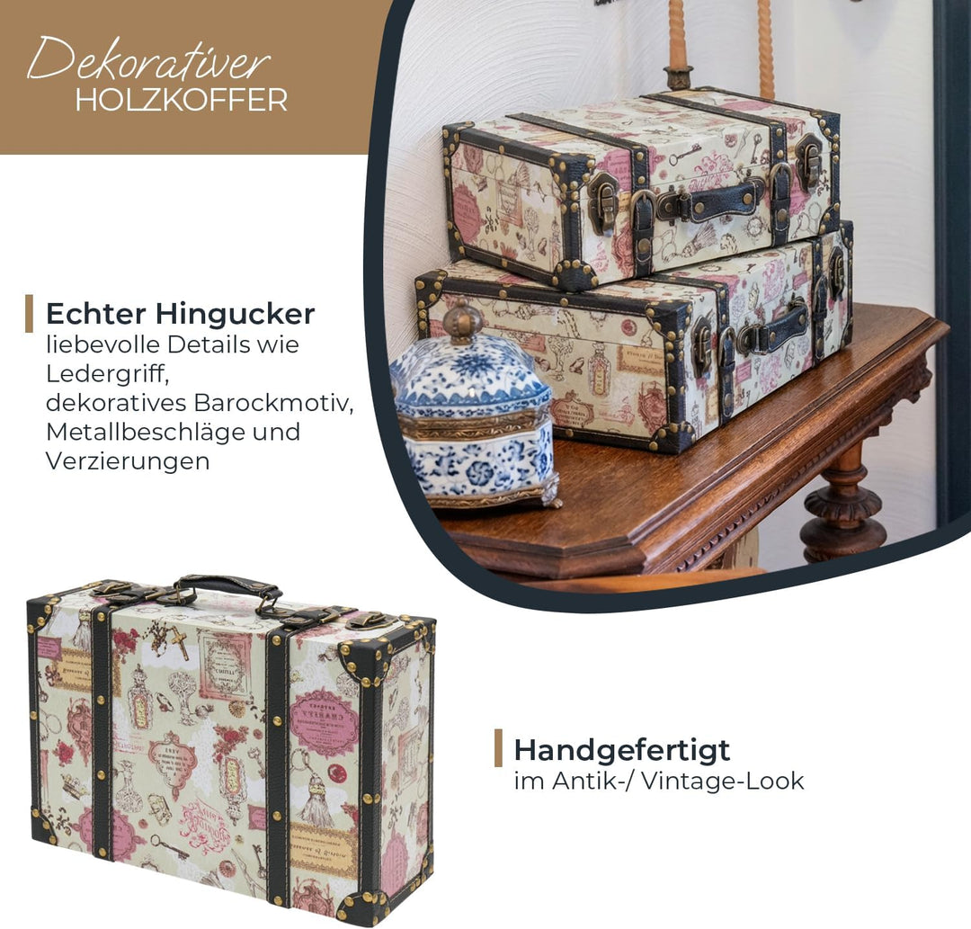 HMF Vintage Deko Koffer aus Holz, Aufbewahrungsbox mit Deckel und Ledergriff, stilvolle Aufbewahrung