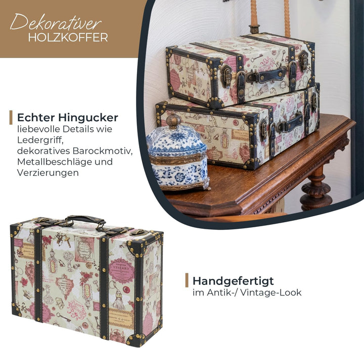 HMF Vintage Deko Koffer aus Holz, Aufbewahrungsbox mit Deckel und Ledergriff, stilvolle Aufbewahrung