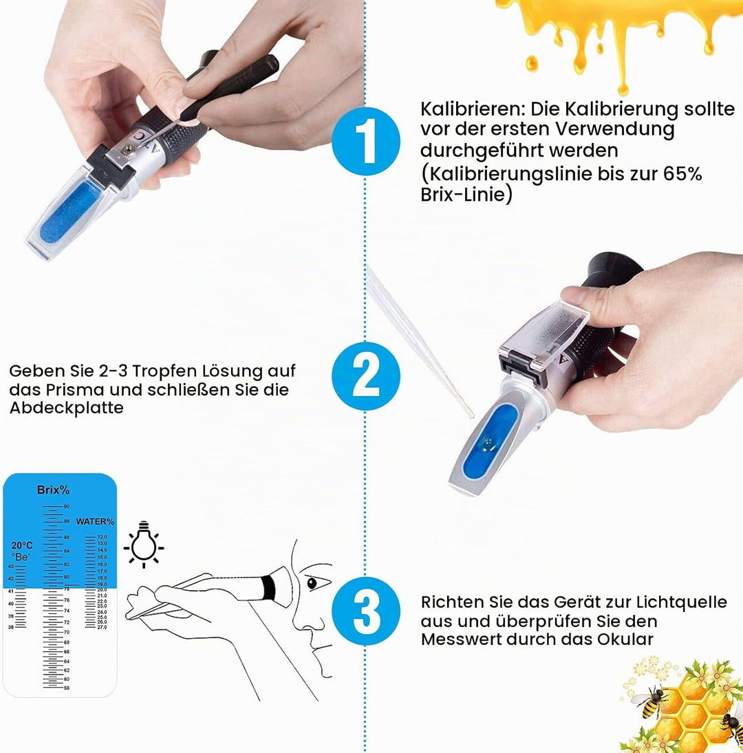 Rierousy 3-In-1 Refraktometer Honig mit Dreifach-Skala(Wasser: 12-27%, Brix: 58-90%, Be&
