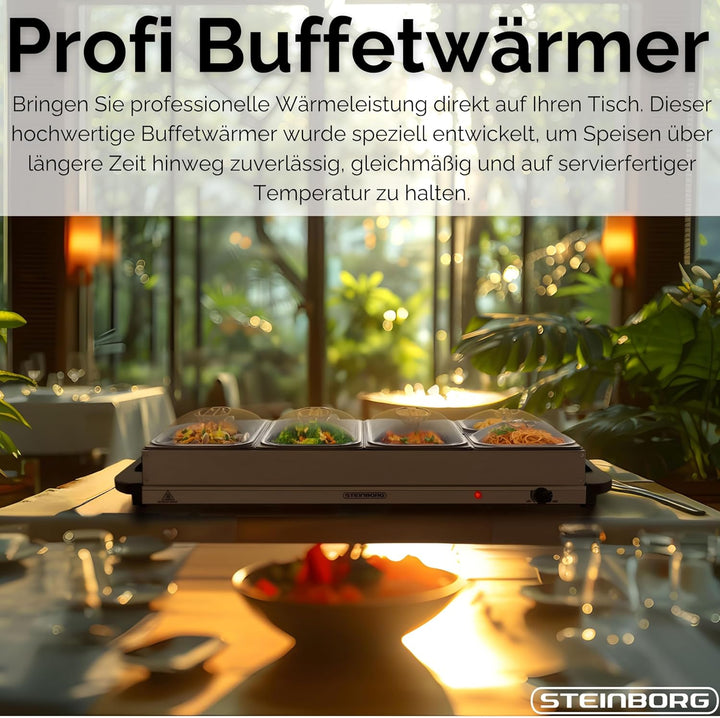 Steinborg® Buffetwärmer XXL elektrische Warmhalteplatte mit Deckel Speisewärmer 450 Watt 5 Speisebeh
