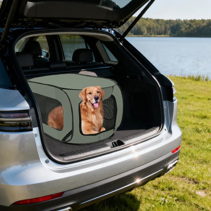Faltbare Hunde Transportbox 92x52x52 cm - Doppeltürig & Sicher für Autoreisen,Belüftetes Pop-Up Desi