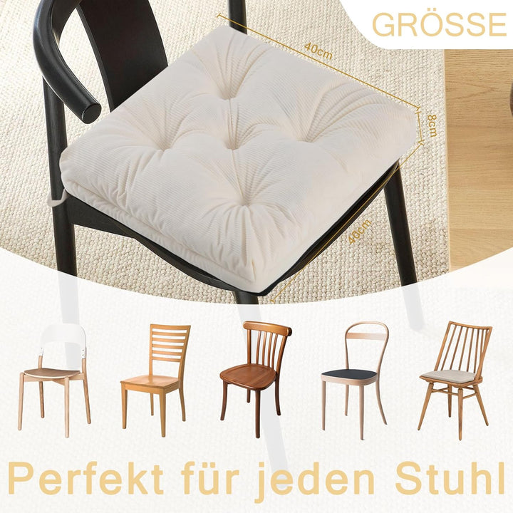 Sitzkissen, 2er Set Stuhlkissen aus Cordstoff, Memory Foam mit Doppel-Layer Design, Befestigungsriem