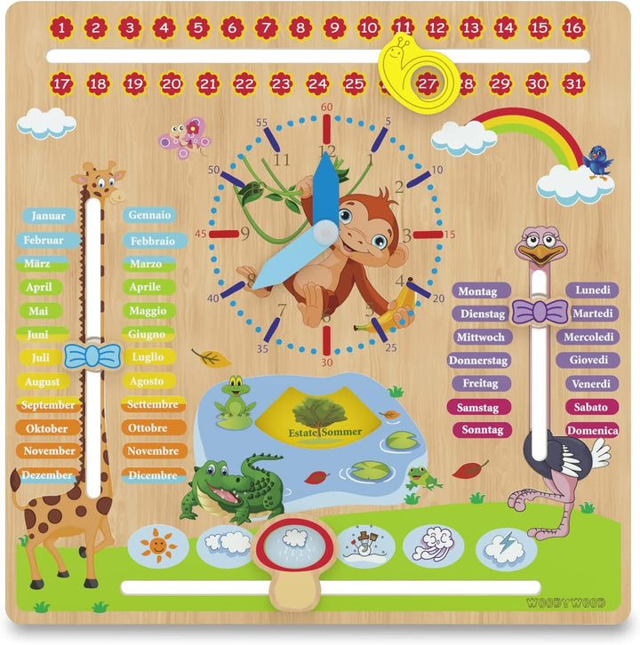 WoodyWood® Kalenderuhr für Kinder - Lernuhr aus Holz, zweisprachig, 30 X 30 cm - Montessori Jahresuh