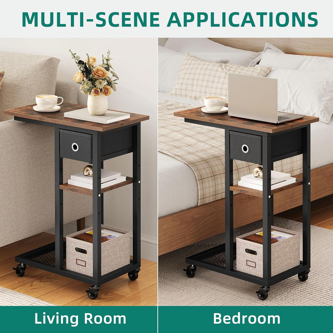 YITAHOME 2PCS Beistelltisch, C-Form Sofatisch mit Rollen und Schublade，Wohnzimmertisch für Kaffee un