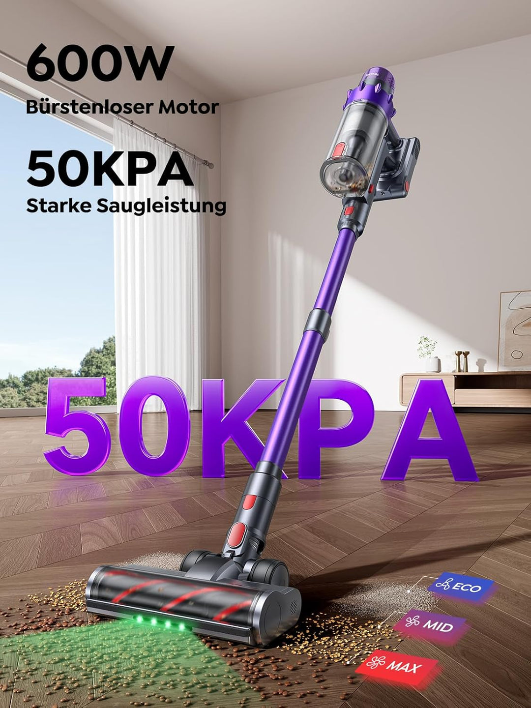SMOTURE Akku Staubsauger 50.000 Pa 65 Min Laufzeit mit Mini-Turbinendüse, Selbststehend Staubsauger