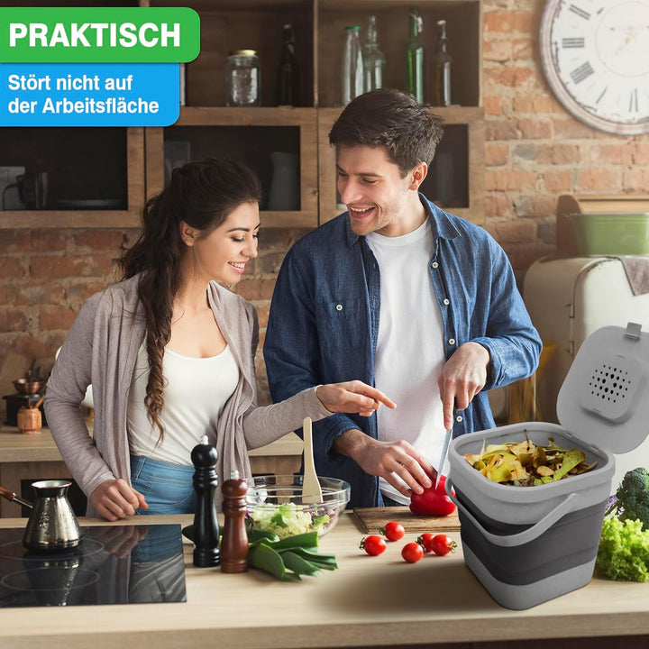 YourCasa® Faltbarer Biomülleimer 4L - kompakter Bio Mülleimer mit geruchsdichtem Aktivkohlefilter-De