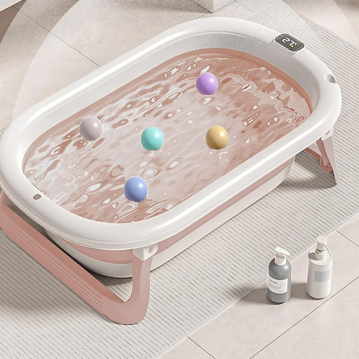 Flexible Babybadewanne mit Temperaturanzeige, Duschkissen, Duschstecker, rutschfeste Füsse, faltbare