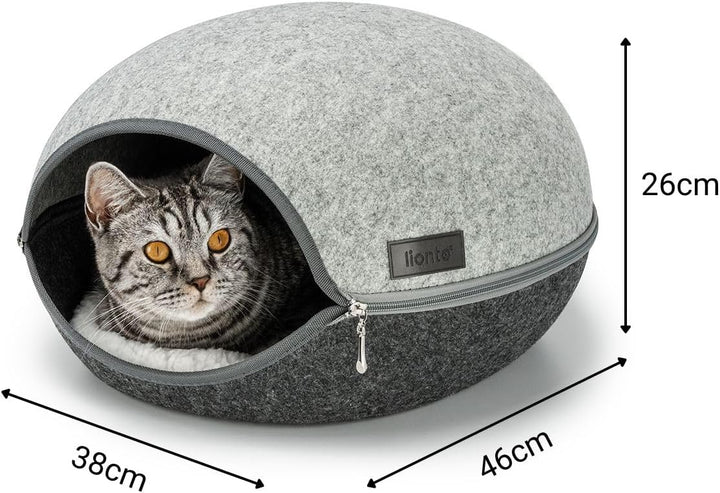lionto Katzenhöhle aus robustem Filz, gemütliche Kuschelhöhle mit Reissverschluss für Katzen, 46x38x