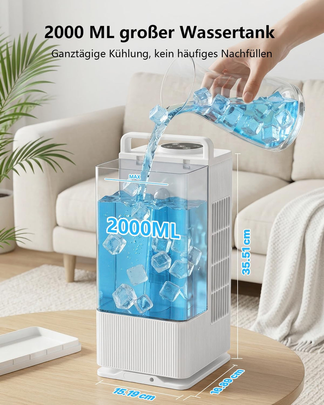Mobil Klimaanlage Mini Luftkühler: Ventilator mit Wasserkühlung 2000ml Wassertank-120°Oszillation, 4