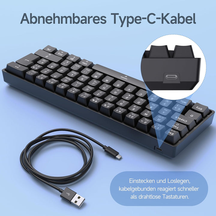 TMKB T61SE Gaming Mechanische Tastatur mit Deutsches QWERTZ Layout,Blauer Schalter,Schwarz QWERTZ La