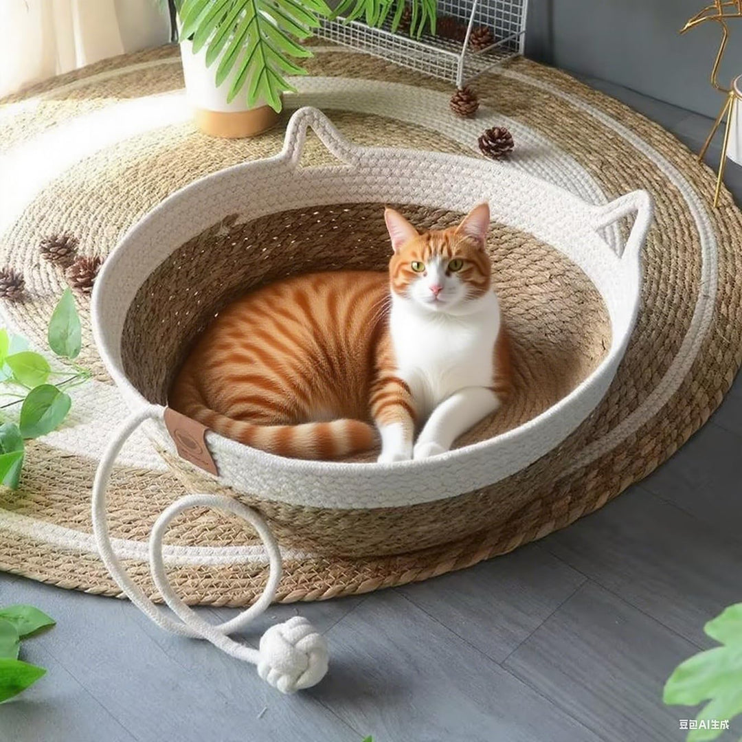 Katzenbett Rattankorb, Rund Katzenkorb Haustierbett, Handgefertigter Katzenhütte Katzenhöhle，Bett fü