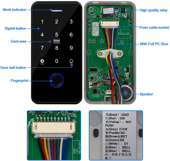 QTTYELOK Bluetooth Tuya Türzugangskontrollsystem Kit IP68 Wasserdichter Fingerabdruck Biometrics RFI