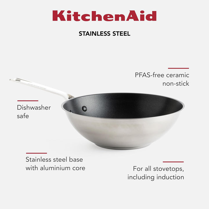 KitchenAid Stainless Steel Wok (28cm/3,6l), PFAS-freie gesunde keramische Antihaftbeschichtung besch
