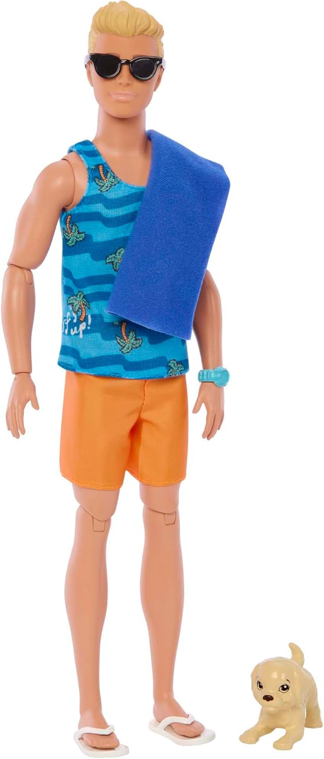 Barbie Ken Surfer Set - Bewegliche Blonde Ken-Puppe mit Surfbrett, Hündchen und Strand-Accessoires f