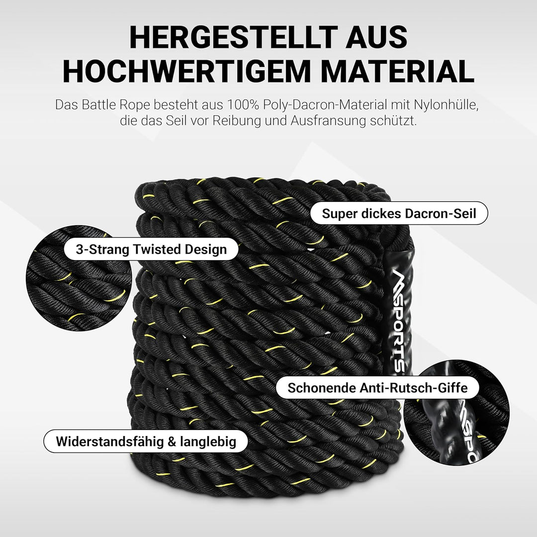 MSPORTS Battle Rope Professional Studio Qualität | Länge: 15 m | Durchmesser: 5 cm | Trainingsseil S