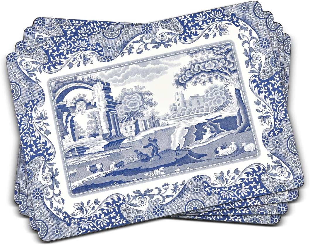Blue Italian Placemats, Wood, Blue and White, 40.1 x 29 x 0.58 cm