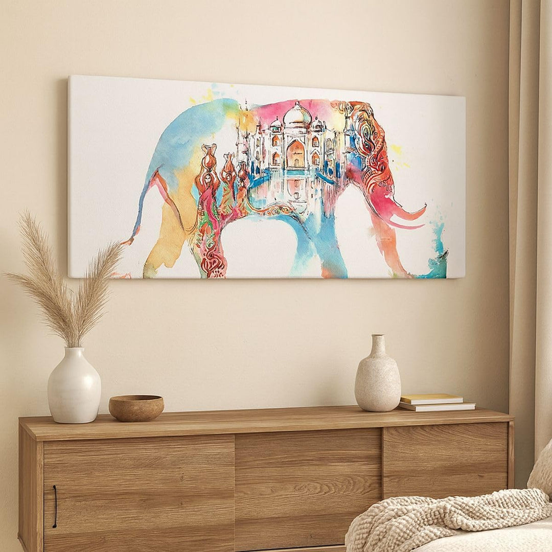 Panorama Bilder auf Leinwand 100x40cm Leinwandbild Elefant Indien ethnisch Kultur Gross Wanddeko Bil