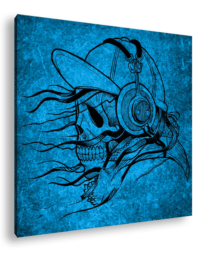 deyoli unheimlicher Totenkopf mit Kopfhörern Format: 70x70 Effekt: Monocrome Blau als Leinwandbild,