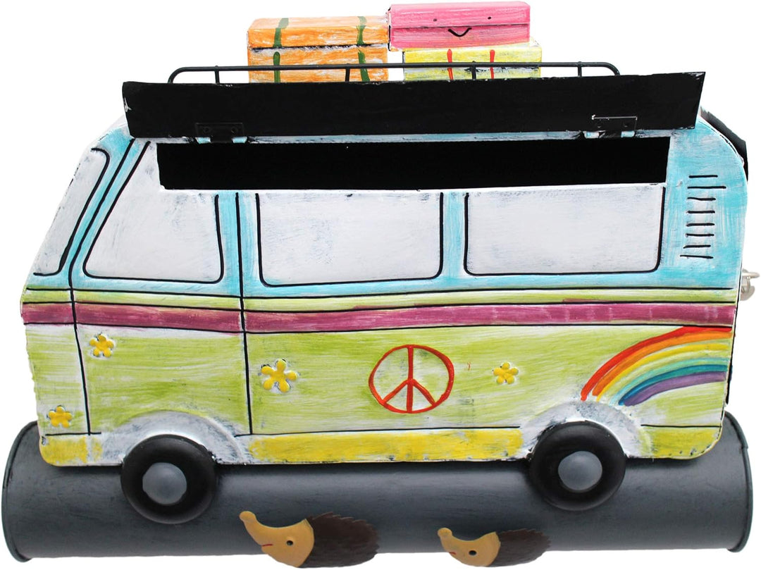 Briefkasten Postkasten Metall bemalt,Wandbriefkasten mit Zeitungsrolle A4, (Hippie Bus bunt), Hippie