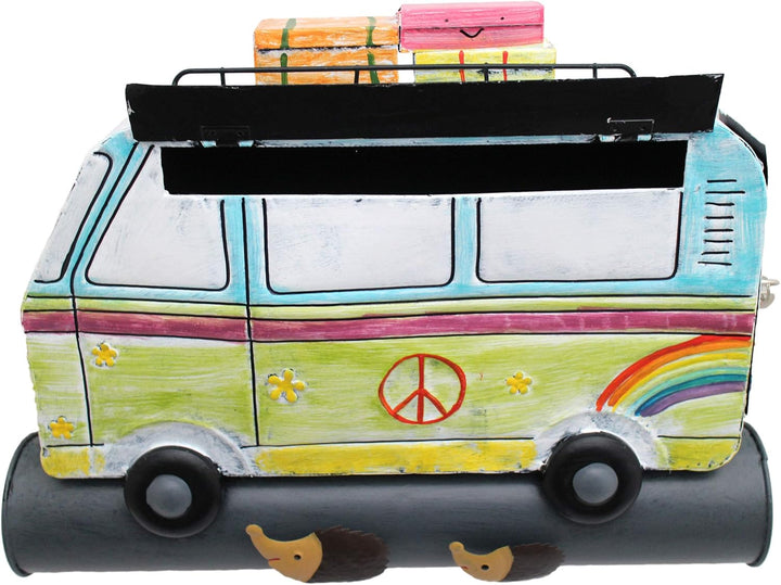 Briefkasten Postkasten Metall bemalt,Wandbriefkasten mit Zeitungsrolle A4, (Hippie Bus bunt), Hippie