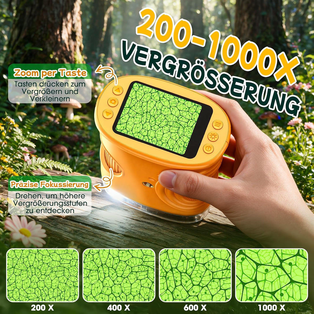 Digitales Mikroskop für Kinder mit 20+ Entdeckerkarten, 1000X Vergrösserung und 2" HD Display-Bildsc