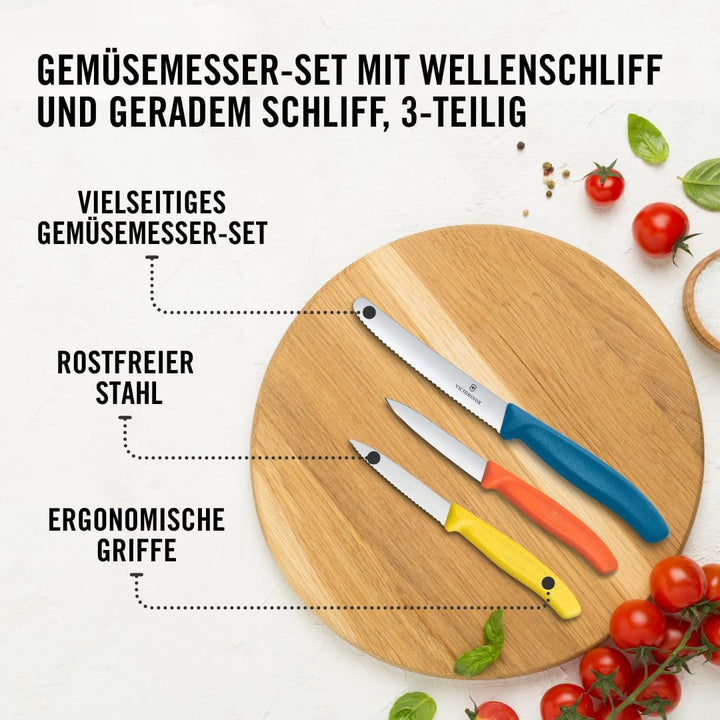 Victorinox Swiss Classic Küchenmesser Set, 3teilig, Gemüse-, Tomaten- und Frühstücksmesser, Scharfe