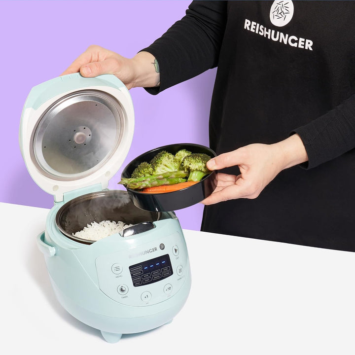 REISHUNGER Digitaler Reiskocher klein, bordeaux | 0,6 L bis 3 Personen | Warmhaltefunktion, Timer &