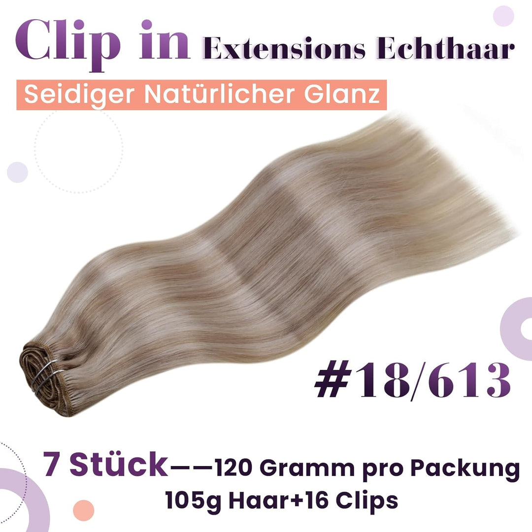 LaaVoo Blond Clip in Extensions Echthaar Highlight Echthaar Clip in Extensions 40cm Clip in Haarverl