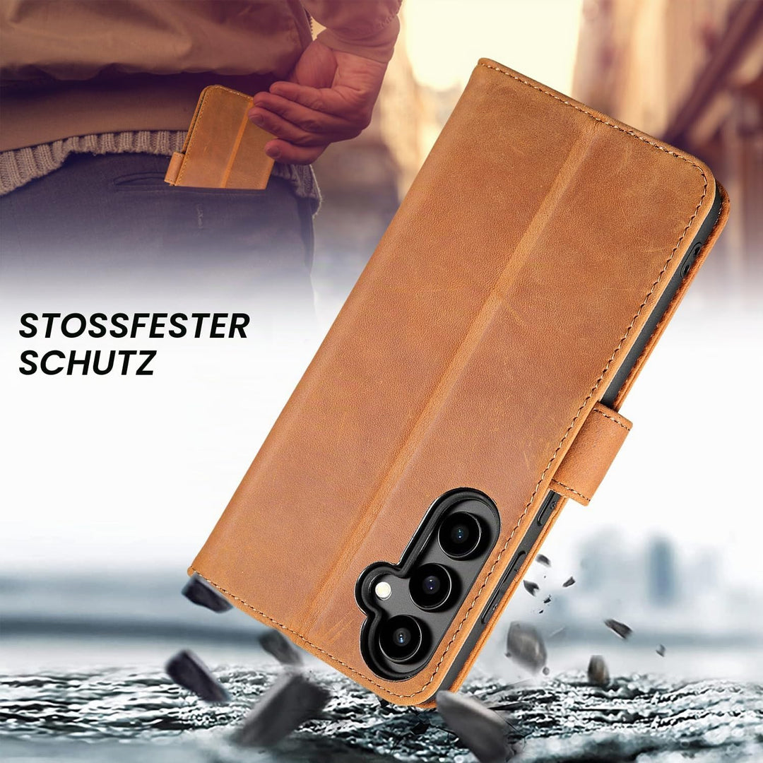 LENSUN Echtleder Hülle für Samsung Galaxy A55, Handyhülle [Echtes Leder][Kartenfach][RFID Schutz] Ha