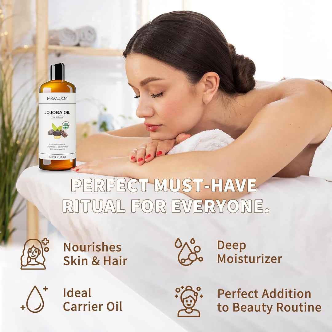 MAYJAM Jojobaöl Bio 473ML, Körperöl für Für Gesicht, Haut, Haare, Haaröl Jojobaöl Kaltgepresst Reine