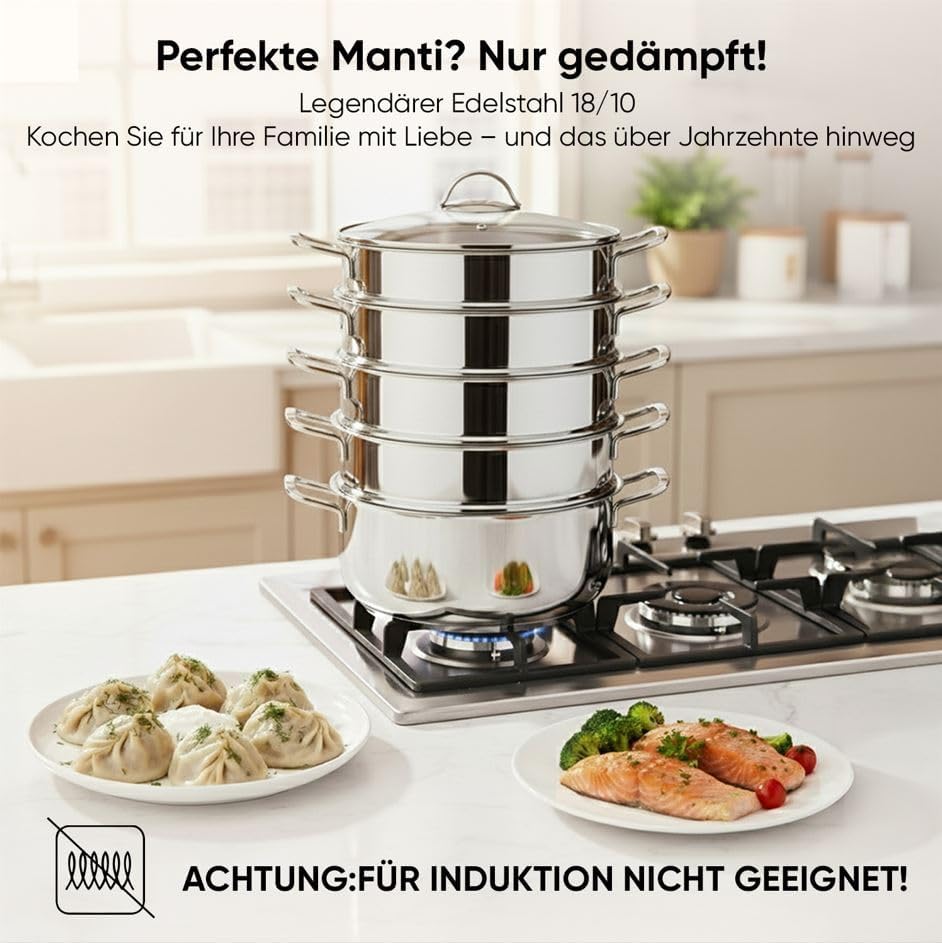 BEM Dampfkocher: 6-tlg Set aus Edelstahl 18/10, Ø 30 cm, Russische Mantowarka mit Dampfeinsatz und G