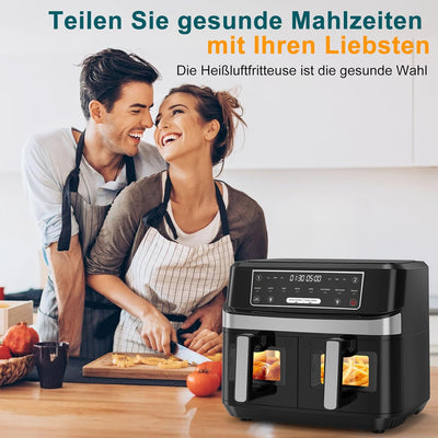 Heissluftfritteuse 2 Kammern mit Sichtfenster, 10L XXL Kapazität Doppel-Airfryer, 8-in-1 Kochvorgabe