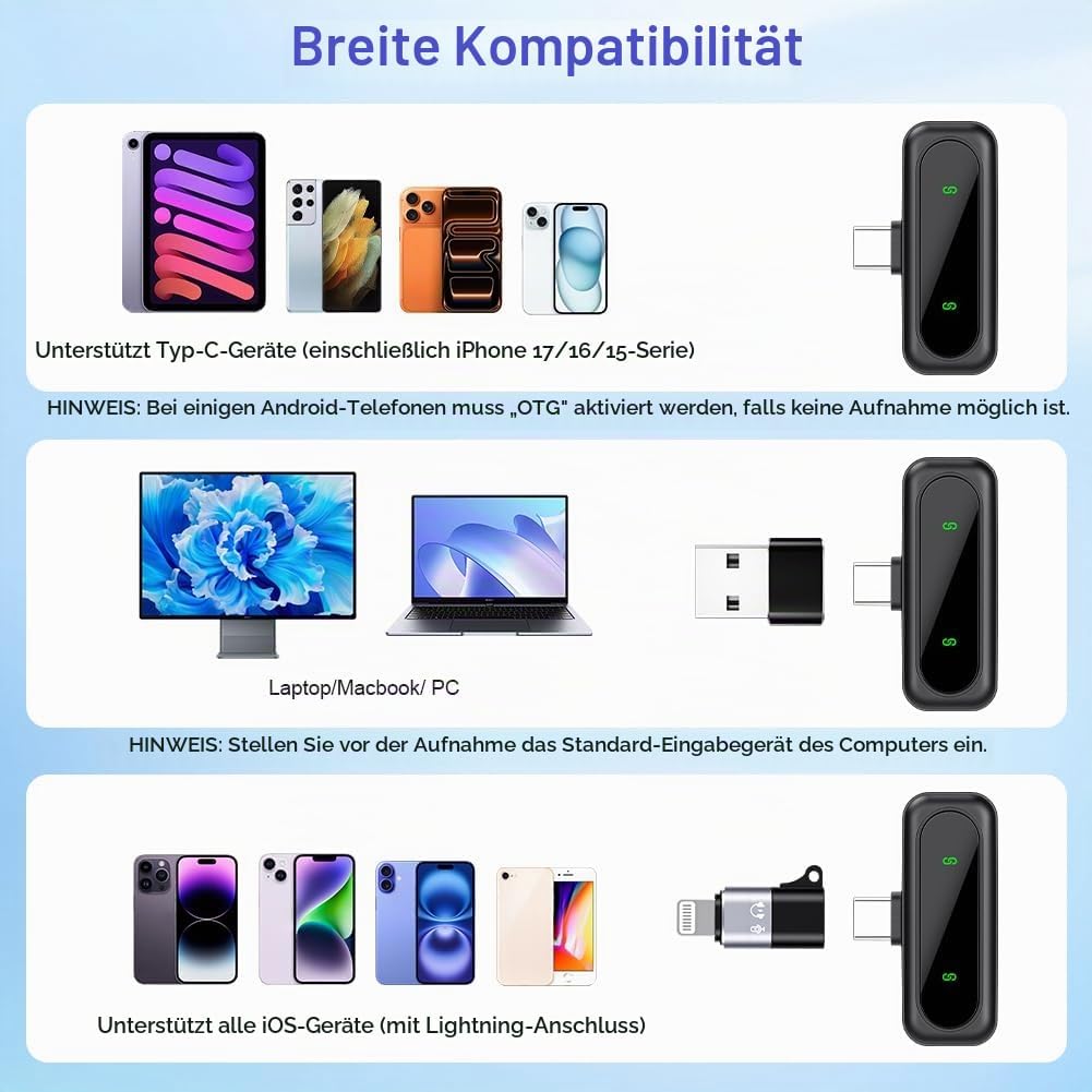 AXFEE Kabelloses Lavalier-Mikrofon, 2er-Pack Mini Mikrofon Mit LED-Anzeigemit und Rauschunterdrückun