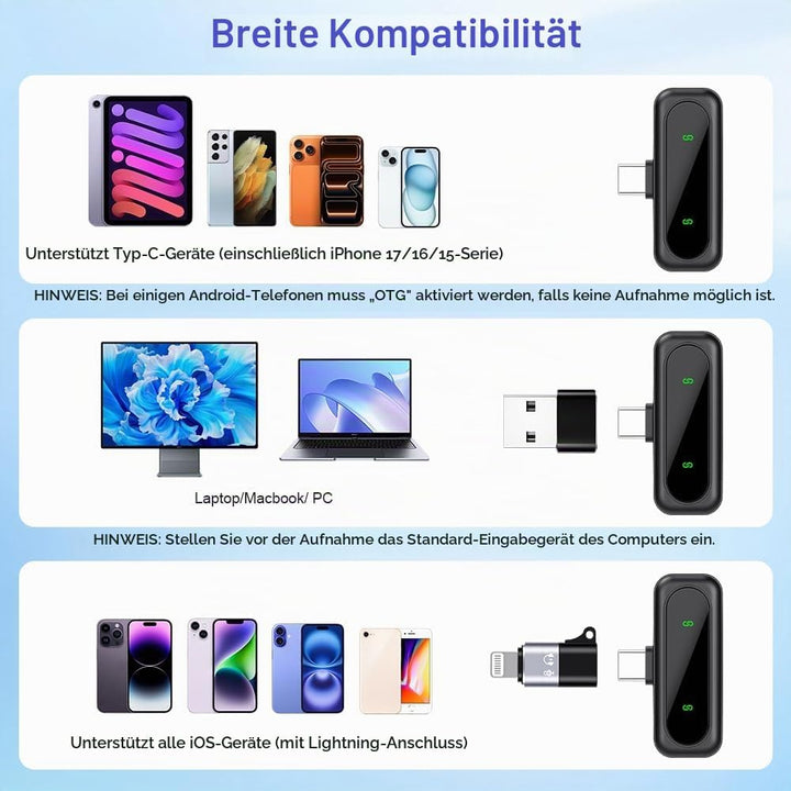 AXFEE Kabelloses Lavalier-Mikrofon, 2er-Pack Mini Mikrofon Mit LED-Anzeigemit und Rauschunterdrückun