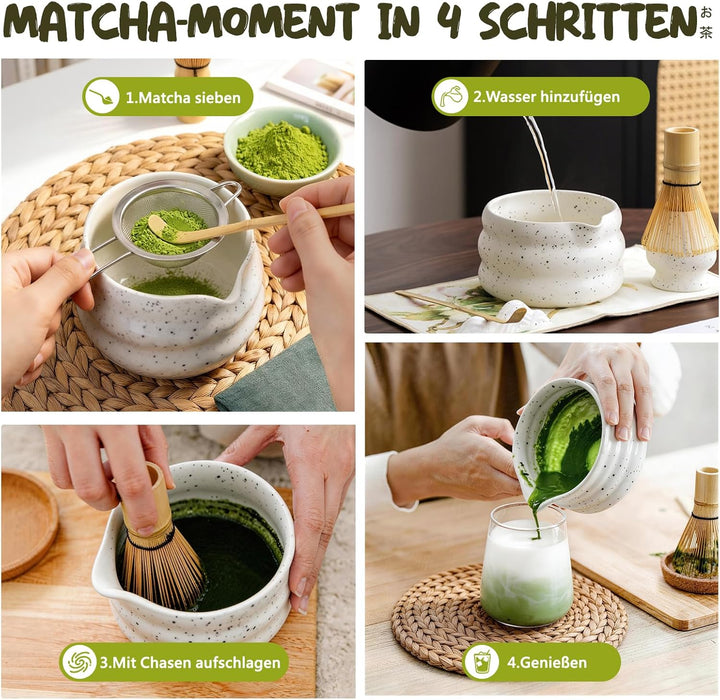 Matcha Set 7-teilig | Premium Tee-Zeremonie Set mit Matcha-Schale, Bambus-Chasen (100+ Spitzen), Hal