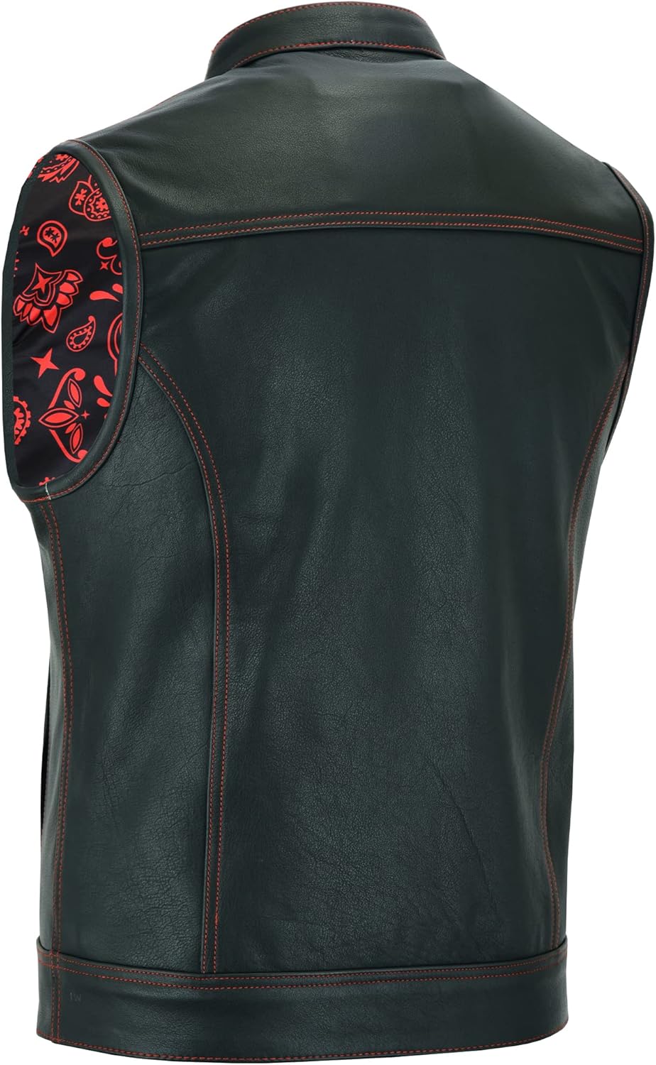 Leatherick Groove Club Herren-Motorradweste aus schwarzem Leder – Bikerweste 46 Schwarz (rote Fadenn