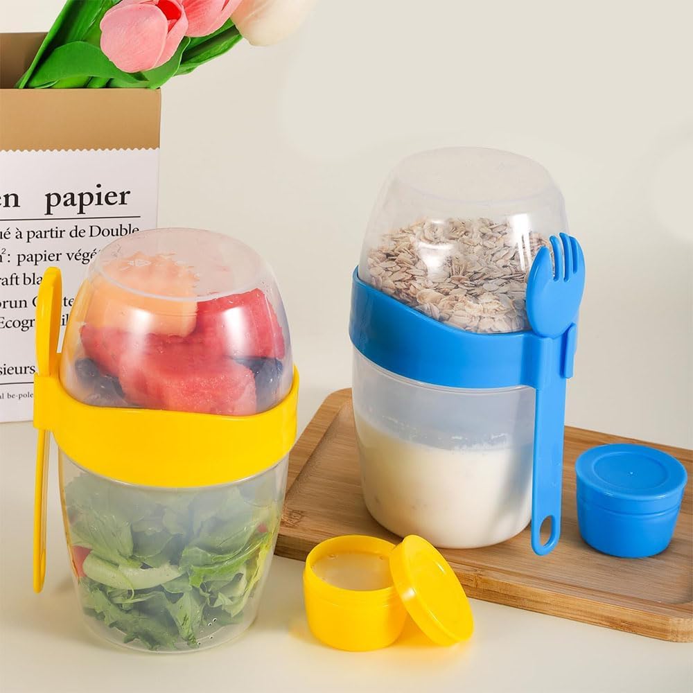 LSRVNM 2 Stück Müslibecher To Go 870ml, Jogurtbecher mit Löffel und Deckel, Salatbecher Yoghurt to G