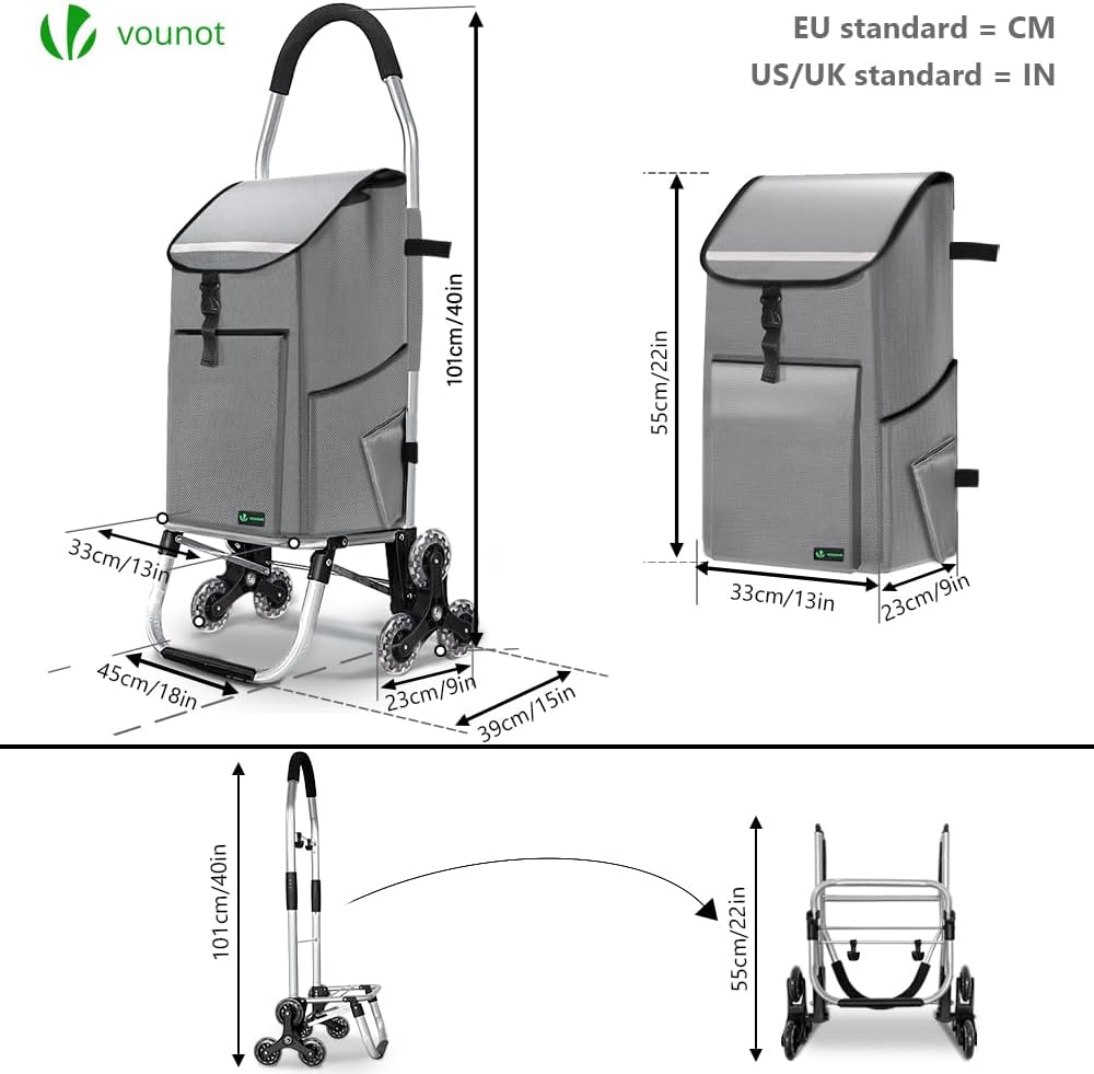 VOUNOT® Aluminium Einkaufstrolley Treppensteiger, 3 in 1 Trolly Einkaufswagen Klappbar, Hackenporsch