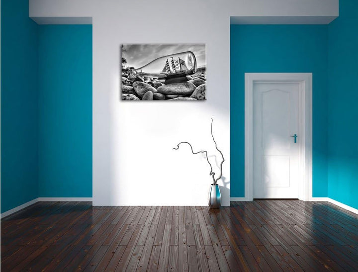Pixxprint Flasche mit Schiff / 120x80cm Leinwandbild bespannt auf Holzrahmen/Wandbild Kunstdruck Dek
