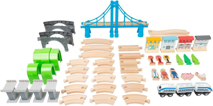 small foot Eisenbahn "Brückenschlag" aus Holz mit Hängebrücke und Tunneln, Spielwelt auf zwei Ebenen