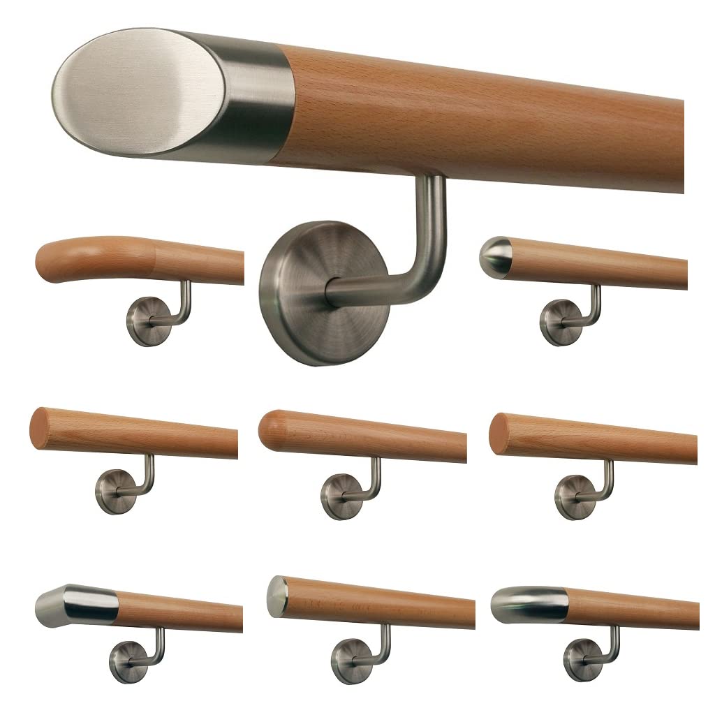 TIBU Buche Geländer Handlauf Treppe Holz Griff gew. Edelstahlhalter, Länge 30 - 500 cm aus einem Stü