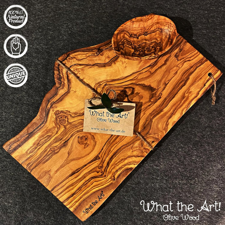 What the Art!® Olive Wood «Half Rustic» Gr. XL | Olivenholz Schneidebrett + Dip-Schälchen | Handarbe