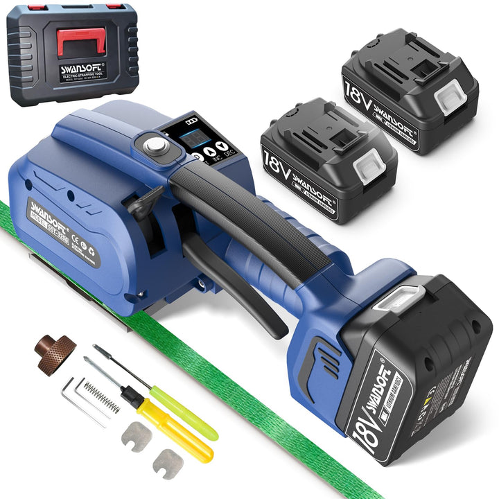 SWANSOFT Umreifungsgerät Akku für 13-16 mm PP-/PET-Band mit Digitaldisplay, 2 x 4000 mAh Akku, 3200N