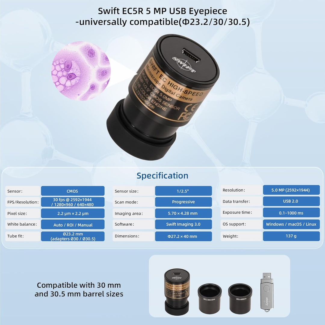 SWIFT SW350T Trinokulares biologisches Mikroskop 40–2500× mit EC5R 5‑MP USB-Okular, 1 W LED, Abbe‑Ko